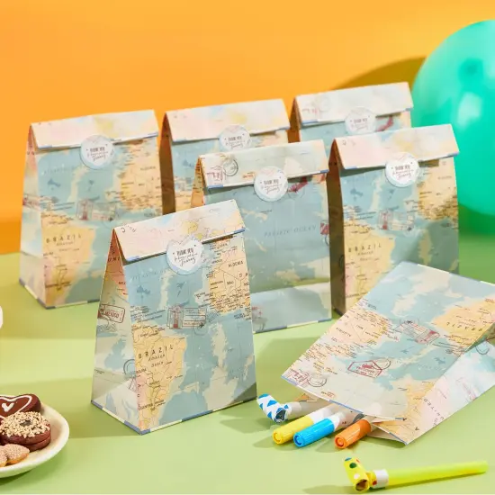 Blue Panda 36 Pack World Map Travel Favor Bags with Stickers Gift Bag for Travel Themed Party Decorations, Birthday Baby Shower Goodie Bags for Kids 8.7 x 5.15 x 5.15 inch {3}