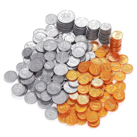 Pack of 250 Play Coin Set - Includes 10 Half-Dollars, 40 Quarters, 50 Dimes, 50 Nickels, 100 Pennies Fake Plastic Coins - Pretend Money - Great Teaching Tool, Prop, Kids Toy, 0.98 Inches in Diameter Silver {1}