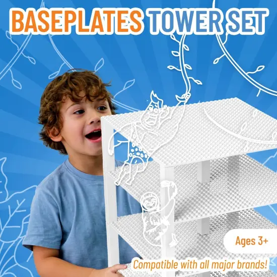 Strictly Briks Classic Stackable Baseplates, Building Bricks For Towers, Shelves, and More, 100% Compatible with All Major Brands, White, 4 Base Plates & 30 Stackers, 10x10 Inches, Ages 3-14 {2}