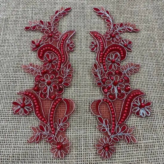 1 Pair Beaded & Corded Floral Lace Applique 9" x 2.5" Each Side Red with Silve {1}