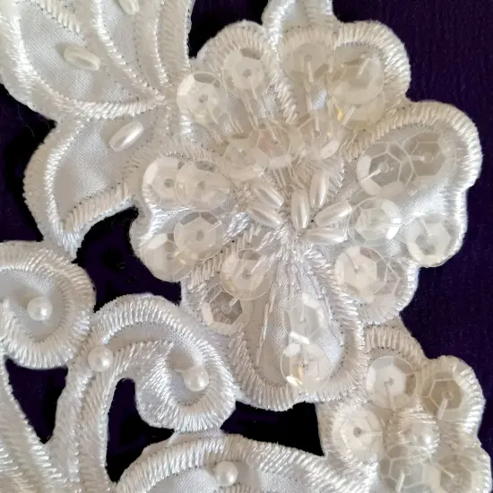 1 Pair Beaded Lace Applique Embroidered on 100% Polyester Satin 9.25" x 3.75" Each Side White {2}