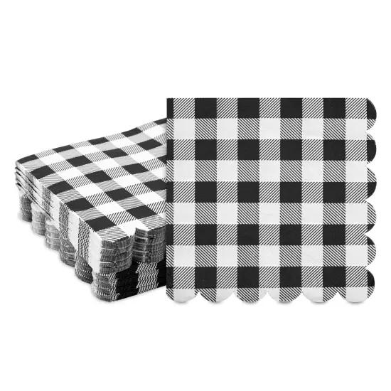 Black Plaid Scalloped Paper Napkins for Party Supplies (6.5 x 6.5 In, 100 Pack) White {1}