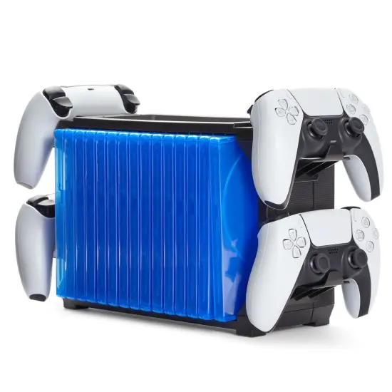 Video Game Storage Stand for Blu-Ray and Game Cases, Fits 4 Controllers, Holds 15 Cases (Black) Blue {5}