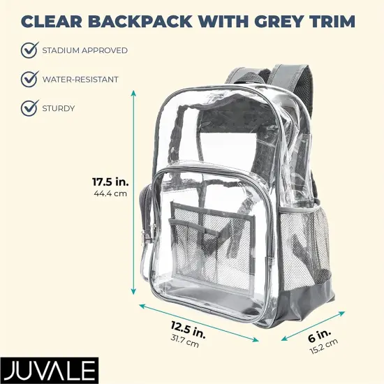 Clear Backpack Stadium Approved, See Through Bag for Sports, Concert & Festival Events, Gray Trim, 17.5 x 12.5 x 6 in Grey {2}