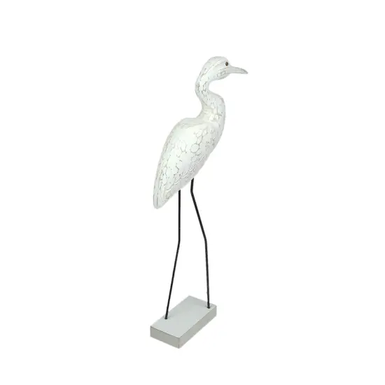 Hand Carved Wood and Metal White Egret Bird Statue 21 Inches High Coastal Decor {4}