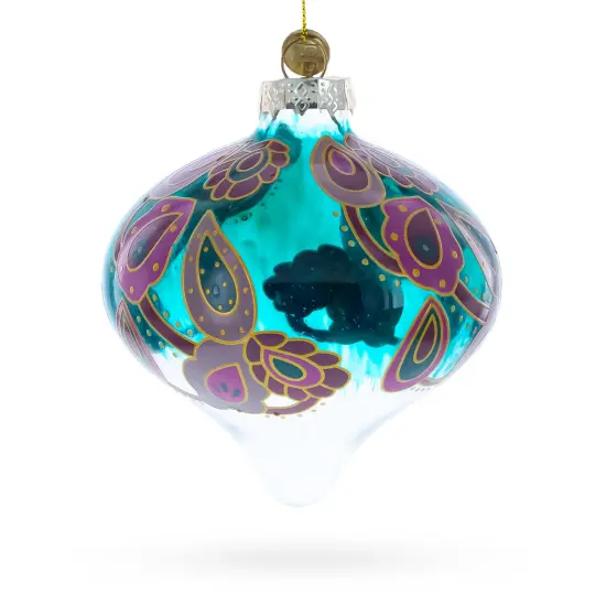 Teal Paisley Onion Shape Finial Glass Christmas Ornament {4}