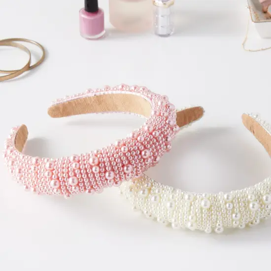 2 Pack Crystal Headbands for Women, Padded Pearl Headband (Light Pink, White) Multicolor {2}