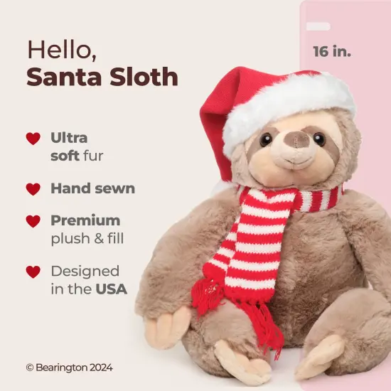 Bearington Santa Sloth Stuffed Animal Plushie, 16 Inch Christmas Sloth, Ideal Stuffed Christmas Animal Gift for Toddlers, Kids & Teens, For Ages 3-14 Brown {2}