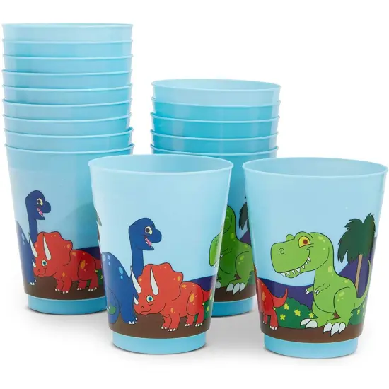 16 Pack Plastic Dinosaur Cups for Kids, Cartoon Dino Party Favors for Birthday Party Supplies (16 oz) Multicolor {1}