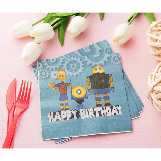 Robot Paper Napkins for Kid's Birthday Party (6.5 In, 150 Pack) Blue {3}