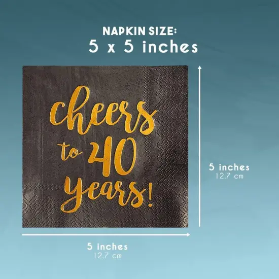 50 Pack Cheers to 40 Years Cocktail Napkins for 40th Birthday, Anniversary Party Supplies, 3-Ply, Black and Gold Foil (5 x 5 In) {3}