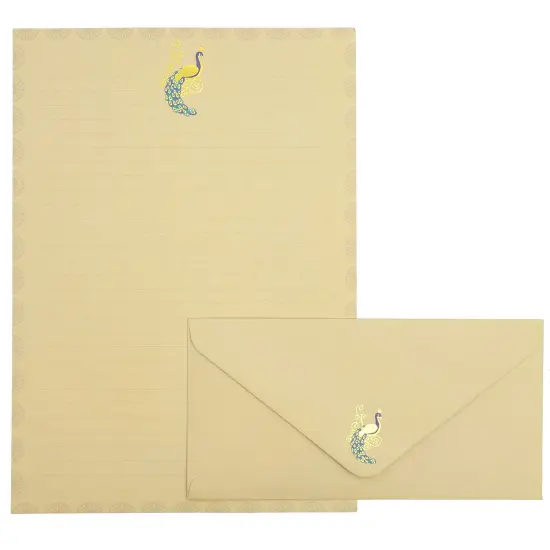Lined Peacock Stationery Paper and Envelopes Set, Gold Foil (10.25x7.25 In, 48 Pack) Brown {1}