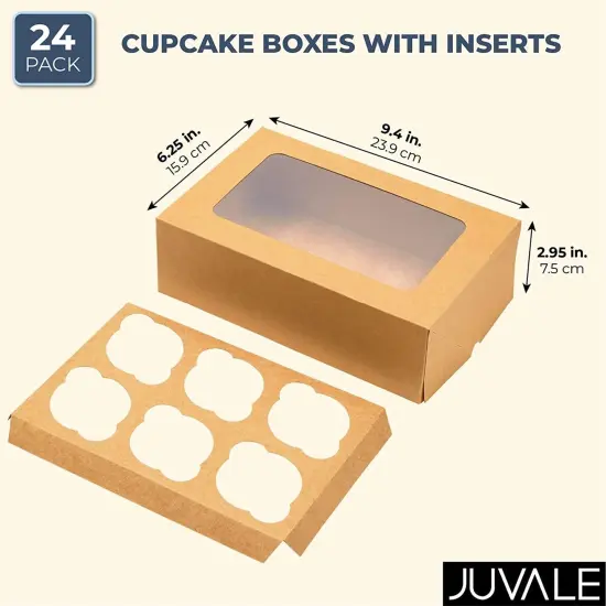 24 Pack 6 Count Cupcake Boxes with Windows - To Go Containers for Bakery, Desserts, Muffins (Kraft Paper, 9.4x6.2x2.9 In) Brown {4}
