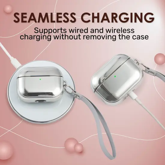 Insten Case For Airpods Pro, Soft TPU Glitter Plating Carrying Case with Hand Strap, Support Wireless Charging, Full Body Protective Skin Cover for Women Girls Men Boys, Silver {4}