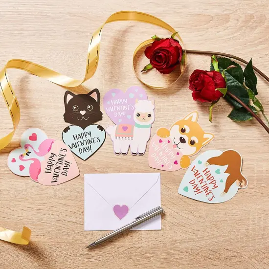 36 Pack Cute Heart Shaped Animal Valentine's Day Cards with Envelopes and Stickers, 6 Assorted Designs, 3.25 x 4.5 Inch, Kids Blank Notecards for Classroom Exchange Gift, Ages 3-14 Multicolor {3}