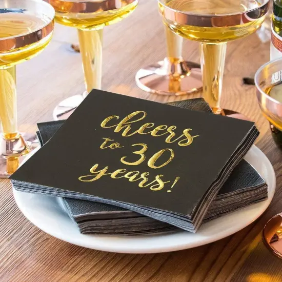 50 Pack Cheers to 30 Years Cocktail Napkins for 30th Birthday, Anniversary Party Supplies, 3-Ply, Black and Gold Foil (5 x 5 In) {3}