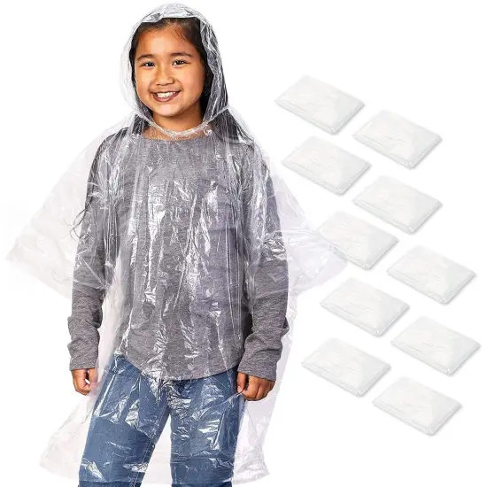 Juvale 10-Pack Disposable Rain Ponchos for Kids - Emergency Plastic Raincoats with Hood for Boys and Girls Ages 3-14 (Clear) {1}