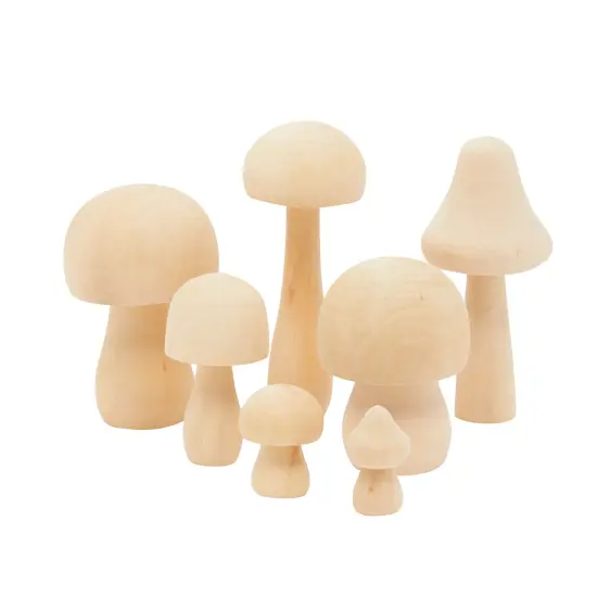 Mini Wooden Mushrooms to Paint, Unfinished Wood Figurines for Craft Ornament (7 Sizes, 14 Pack) Brown {7}