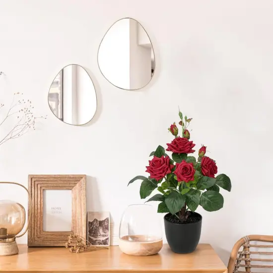 Artificial Plants & Flowers in Vase Red Roses Artificial Flowers Potted Plant Faux Silk Flower with Black Pot Fake Rose Flower Arrangement Home Decor Bathroom Shelf Desk Decoration 15 Inch {4}
