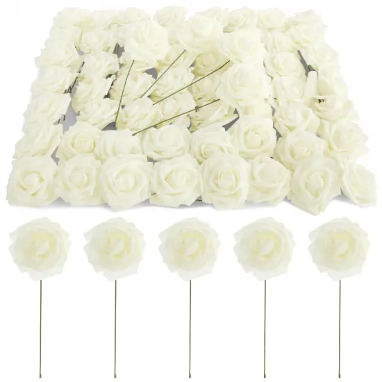 Bright Creations 3" Artificial Rose Flowers 60pcs Real Looking Fake Rose with Stem for DIY Wedding Bouquets and Bridal Shower, Cream White {1}