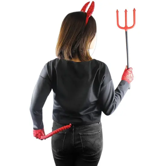 BLUE PANDA 5 Piece Devil Halloween Costume for Girls Ages 6-14 with Red Horned Headband, Bow Tie, Tail, Pitchfork, and Gloves, Complete Girls Devil Costume Set for Halloween Parties and Dress-Up {4}
