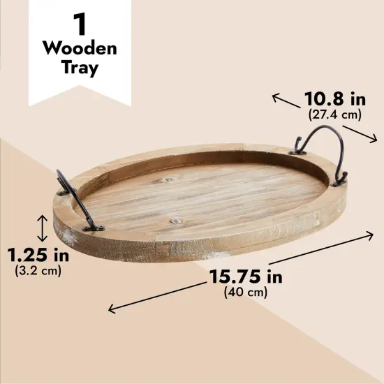 Oval Wooden Serving Tray with Handles, Decorative Platter for Coffee Table, Living Room (15.75 x 10.8 x 1.25 In) Brown {4}