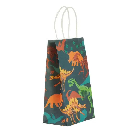 24 Pack Dinosaur Goody Bags with Handles, 5.3x3.2x9 Inch for Kids Birthday, Party Favors, Treats, Fossil Print Design {6}
