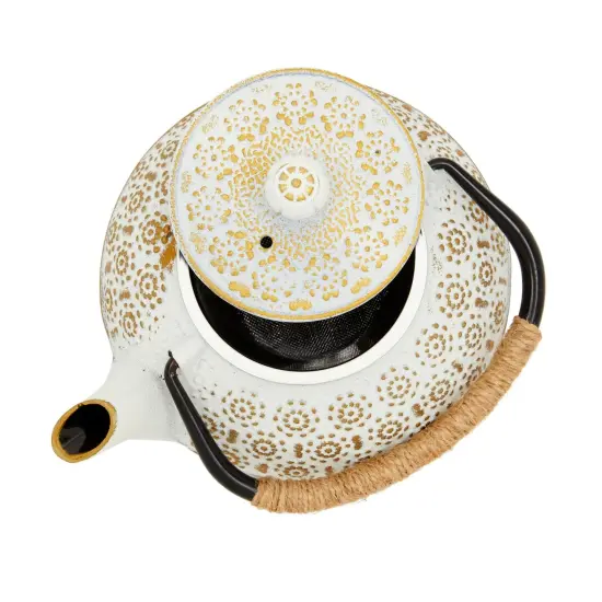 3 Piece Set White Japanese Cast Iron Teapot - Loose Leaf Tetsubin with Handle, Stainless Steel Infuser, and Trivet (27 oz, 800 ml) {6}