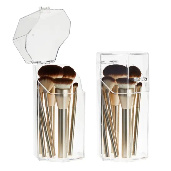 Glamlily 2-Pack Clear Acrylic Makeup Brush Holder with Lids - Covered Hexagon Cosmetic Organizer and Storage for Brushes, Mascara, Eyeliner, Beauty Supplies (4.3x3.9x8 in) {5}