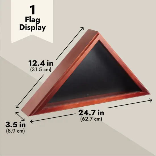 Large Flag Box Display Case for Burial Flag, Veterans, Triangle Holder for a Folded 5' x 9.5' Military Flag with Wall Mount and Glass Front (Cherry Wood Finish, 24.7 x 12.4 x 3.5 In) Brown {4}