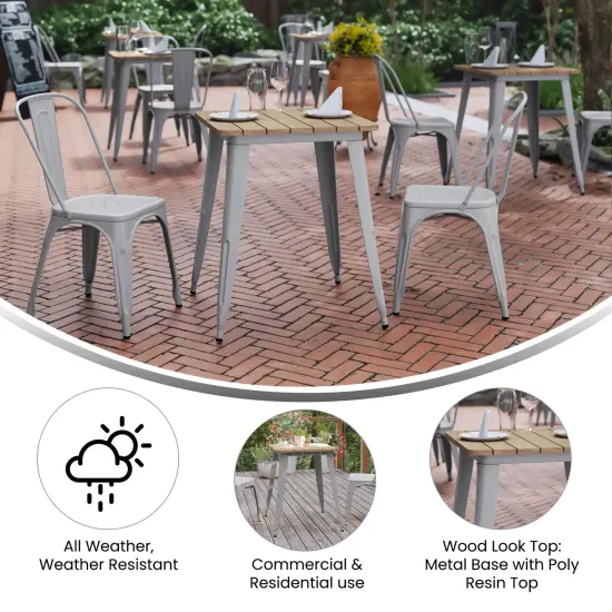 Merrick Lane Dryden Indoor/Outdoor Dining Table, 23.75" Square All Weather Poly Resin Top with Steel Base BrownTop/BlackFrame {10}