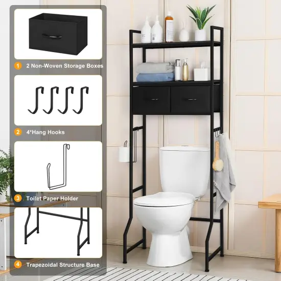3-Tier Over-The-Toilet Storage Cabinet with Fabric Drawers &ndash; Freestanding Bathroom Organizer, Black Space-Saving Shelf for Bathroom & Laundry Room {3}