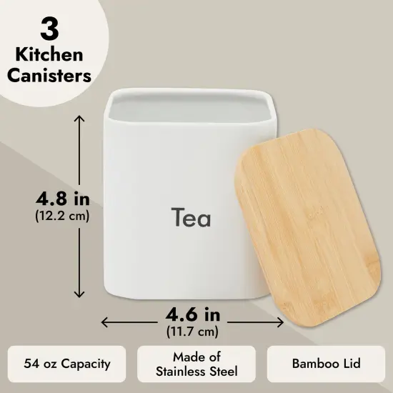 Coffee Tea Sugar Container Set - White Iron Kitchen Canister Set with Bamboo Lids (3 Pieces, 48 oz) {3}