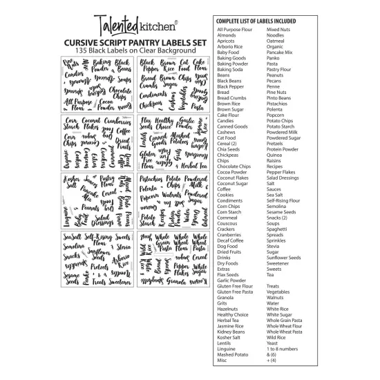 Talented Kitchen 135 Pantry Labels for Food Containers - Preprinted Black Cursive on Clear Backing Stickers for Organizing Kitchen Storage Canisters and Jars (Water Resistant) {6}