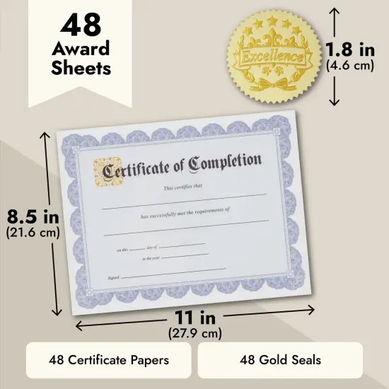 48 Sheets Blue Floral Certificate of Completion Paper for Printing with Gold Foil Sticker Seals - Customizable with Border for Graduation, Diploma, Awards, Recognition Documents (8.5 x 11 in) {4}