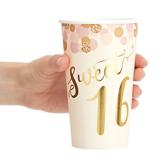 50 Pack 16 oz Paper Pink Party Cups for Girls Sweet 16 Party Supplies (Rose Gold Foil) {3}