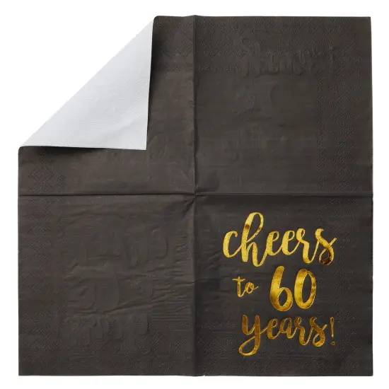 50 Pack Cheers to 60 Years Cocktail Napkins for 60th Birthday, Anniversary Party Supplies, 3-Ply, Black and Gold Foil (5 x 5 In) {7}