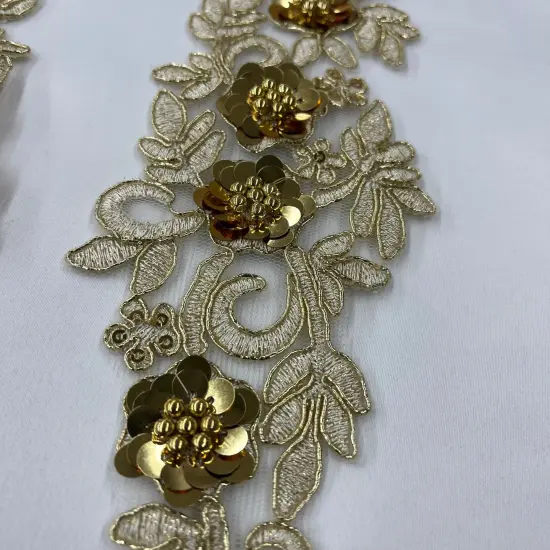 1 Pair 11" x 3" Each Side Beaded & Corded Floral 3D Lace Applique 100% Polyester Net Mesh Silver {2}