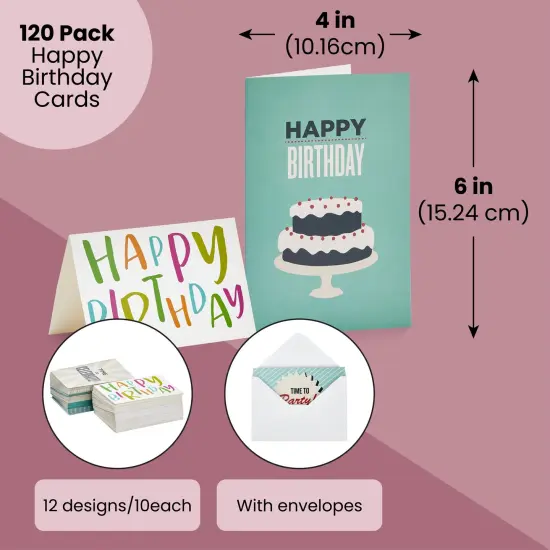 120 Pack 4x6-inch Happy Birthday Cards with Envelopes - Bulk Gift Set for Kids, Students and Teachers (12 Assorted Designs) Multicolor {2}