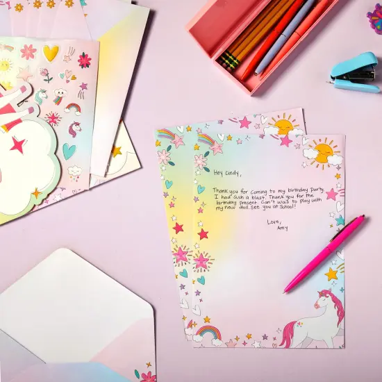 92 Piece Unicorn Stationery Set for Kids, Girls, with 60 Stationery Sheets, 30 Envelopes, Pocket Folder, Sticker Sheet (7.25 x 10.2 In), Ages 3-14 Pink {2}