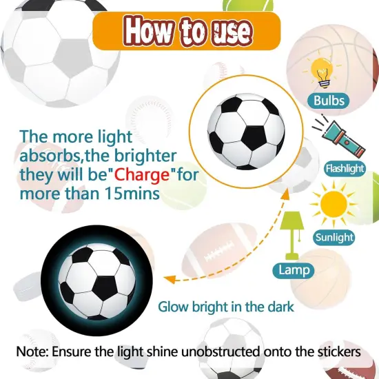Glow in The Dark Basketball Football Sports Wall Decals，Glowing Luminous Boys Room Wall Stickers Removable self-Adhesive Baseball Decals for Kids Baby Boys Nursery Game Playroom Decoration {2}