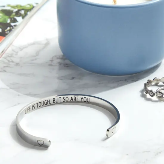 Inspirational 7" Silver Cuff Bracelet for Women, Motivational Engraved Bangle, Life is Tough but So Are You (One Size Fits Most) {2}