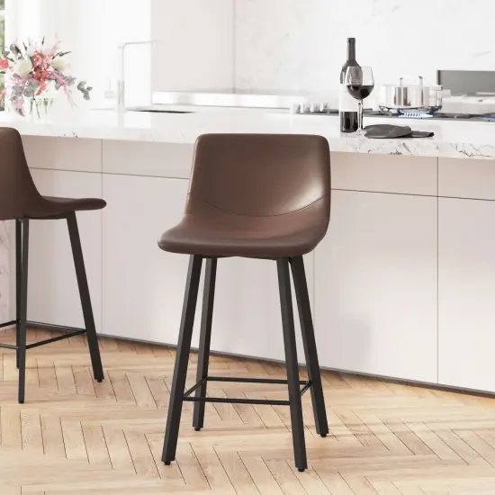 Merrick Lane Oretha Set of 2 Modern Upholstered Stools with Contoured, Low Back Bucket Seats and Iron Frames Black Faux Leather {7}