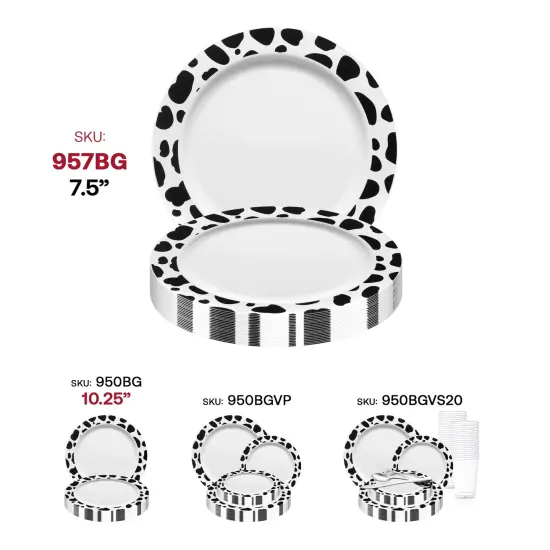 White with Black Dalmatian Spots Round Disposable Plastic Appetizer/Salad Plates - 7.5" (120 Plates) {6}
