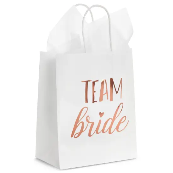 15-Pack Team Bride Gift Bags with White Tissue Paper for Bridesmaid Proposal, Bridal Shower, Wedding Party Favor Bags with Handles, (Rose Gold Foil, White, 8x4x9 in) Pink {2}