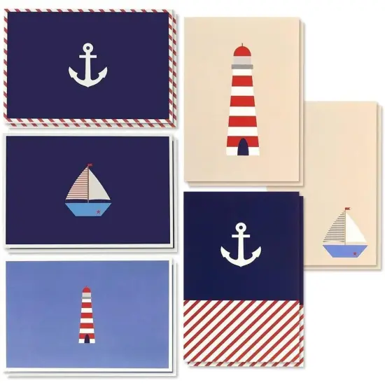 48 Pack Blank Nautical Greeting Cards and Envelopes, Boat Anchor Lighthouse (4x6 In) Blue {1}