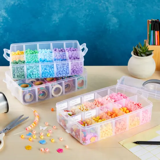 3-Tier Plastic Craft Storage Containers with 30 Compartments, 40 Sticker Labels (9.5 x 6.5 x 7.2 Inch) White {3}