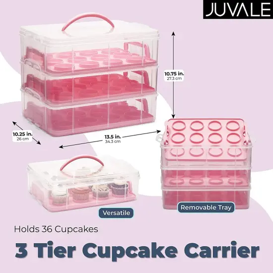 3 Tier Cupcake Carrier with Lid and Handle, Holds 36 Cupcakes (Pink, 13.5 x 10.25 x 10.75 In) {5}