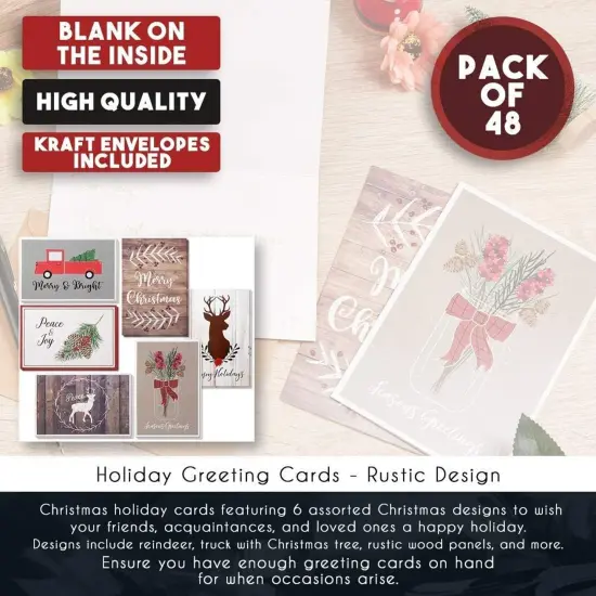 Sustainable Greetings 48 Pack Merry Christmas Cards with Envelopes for Sending Holiday Wishes, 4x6 Festive Season Greeting Cards for Xmas, 6 Rustic Designs Multicolor {5}
