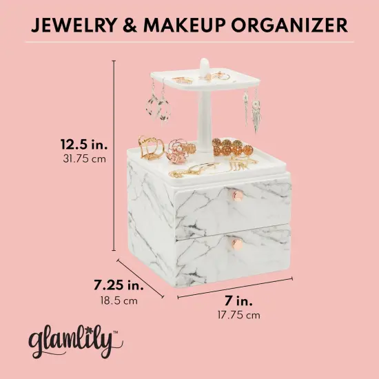 Marble Jewelry Display Tray and Makeup Organizer with Drawer for Vanity (7.3 x 7.7 x 13 in) White {3}